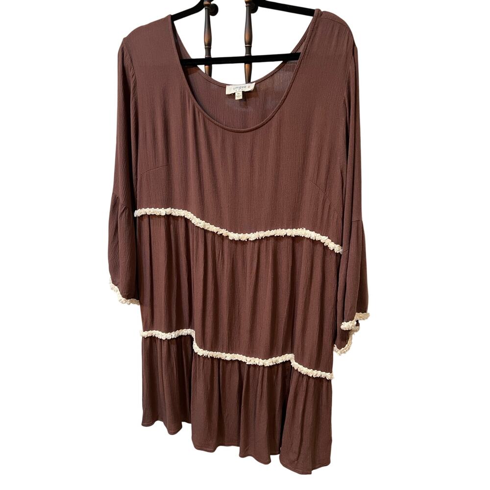 Umgee Brown Peasant Top 1XL Ruffle Sleeves Cream Trim Cotton Blend Festival Flow